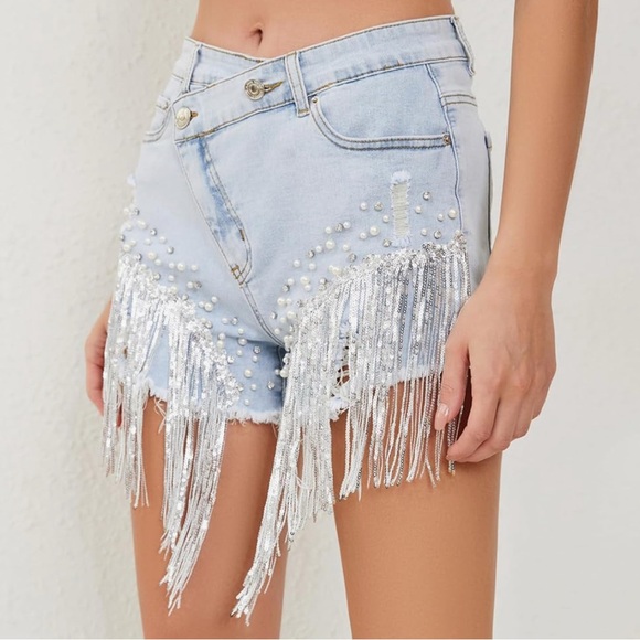 Women's High Waist Denim Short Sequin Rhinestone Pearl Beaded Fringe tassel - Picture 6 of 13
